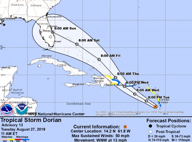 Tropical Storm Dorian now has all of the Florida Peninsula in its forecast cone. Click on the image for larger view. (NOAA)