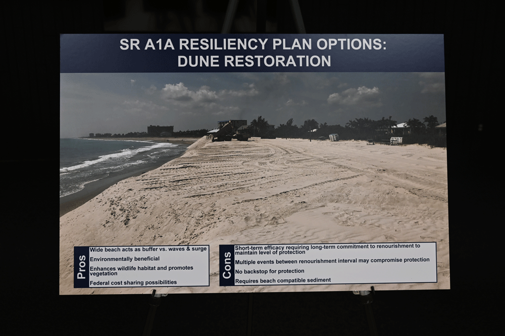A poster explaining beach renourishment, displayed by the Florida Department of Transportation during a town hall meeting in Flagler Beach earlier this year. (© FlaglerLive)