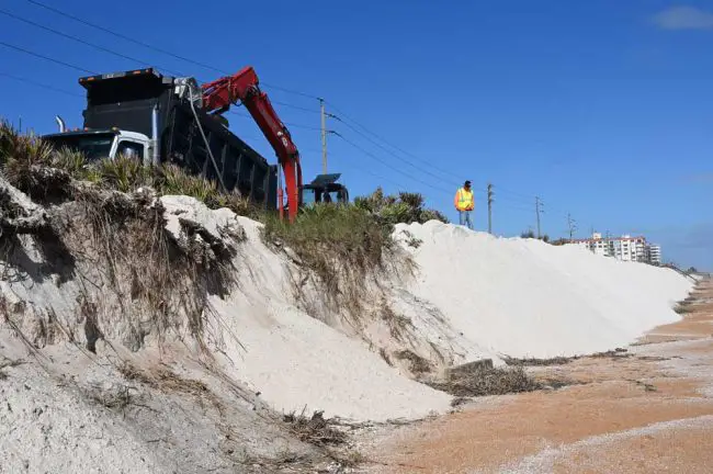 Protective sand dumped south of the water tower on Nov. 4, five days before Nicole arrived. (© FlaglerLive)