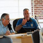 "There’s a reason the NFL doesn’t hold the Super Bowl in a city of 5,000,” says Flagler Beach Police Chief Matt Doughney says. City Manager William Whitson is to the left, Tourism Director Amy Lukasik is to the right. (© FlaglerLive)