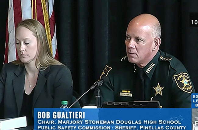 Bob Gualtieri, Pinellas County sheriff and chairman of the Marjory Stoneman Douglas High School Public Safety Commission, at this week's meetings. (© FlaglerLive via Florida Channel)