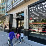 A sign advertises retail spaces for lease at Union Square in San Francisco on June 21, 2023.