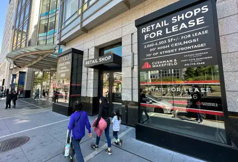 A sign advertises retail spaces for lease at Union Square in San Francisco on June 21, 2023.