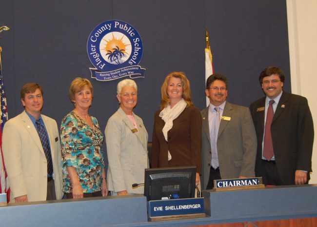 The more dreamy days: the School Board in April 2010. From left, Trevor Tucker, Sue Dickinson, Evie Shellenberger, Conklin, Andy Dance and Superintendent Bill Delbrugge. (© FlaglerLive)