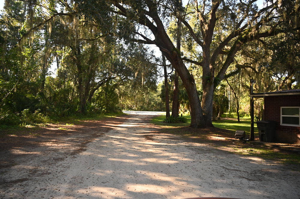 The possibly illegal road that cuts through the county park, already clearly used as a through-way and parking lot. The parkland sliver the church wants to buy from the county is to the right. (© FlaglerLive)