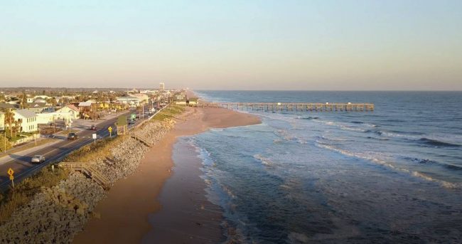 Flagler Beach attorney Scott Spradley shot that view Saturday, with his drone, of the accumulation of sands south of the Flagler Beach pier following last week's storm. See the video below. Click on the image for larger view. (© Scott Spradley)