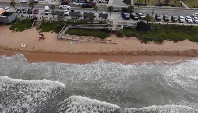 A still from a drone video of the shore just north of the pier, taken at high tide on Tuesday afternoon, by Flagler County staff. 