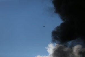 A drone is seen during a suspected drone strike targeting an oil warehouse near Erbil, the capital of Iraq’s Kurdistan Region, on April 1, 2026.