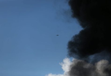 A drone is seen during a suspected drone strike targeting an oil warehouse near Erbil, the capital of Iraq’s Kurdistan Region, on April 1, 2026.