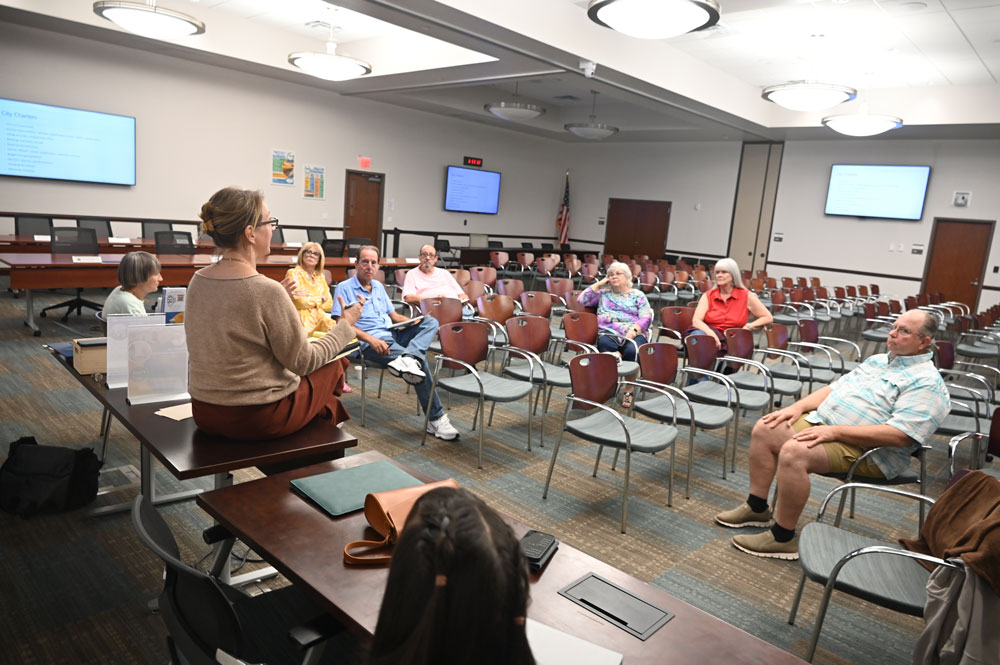 Moderator Georgette Dumont didn't have much to work with at Thursday evening's second community workshop on the ongoing charter review. (© FlaglerLive)