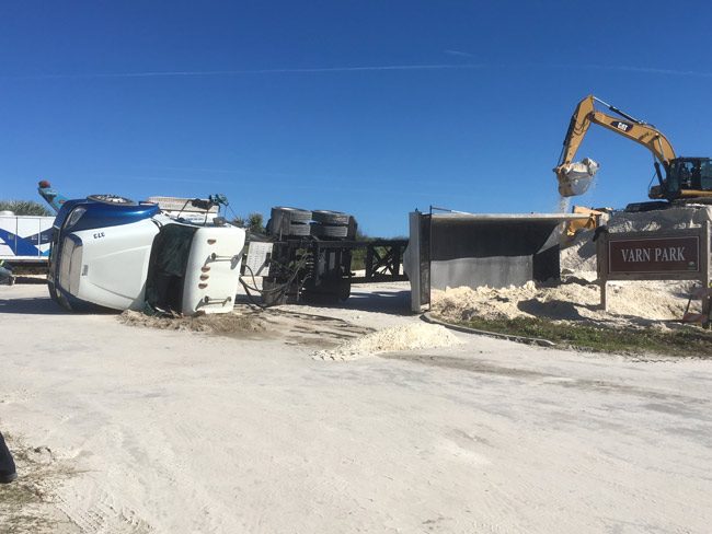 The truck overturned at Varn Park. There were no injuries. (© FlaglerLive)