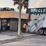 The dumpster pad outside the Funky pelican that's had no dumpster for years, because it would be too heavy for the deteriorated condition. The pad is to be rebuilt and expanded by about 50 percent through a $420,000 contract. (© FlaglerLive)