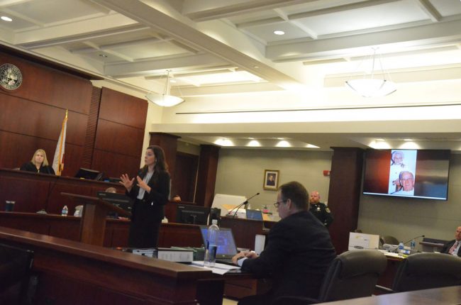 Assistant State Attorney Jennifer Dunton, who prosecuted the case with Assistant State Attorney Mark Johnson, during closing arguments, with a portrait of Glyn and Vivian Fowler behind her and on every television screen in the courtroom. (© FlaglerLive)