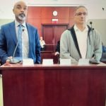 Defense attorney, Chavelys Alers, left, with Gary Durso on Wednesday. Assistant State Attorney Melissa Clark is to the right. (© FlaglerLive via zoom)