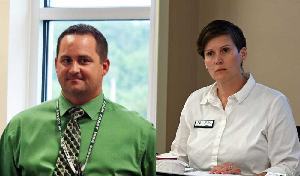 Dusty Sims, left, when he was a principal at Flagler Palm Coast High School, and School Board member Sally Hunt. (© FlaglerLive)