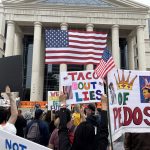 The No Kings rally in Jacksonville included a march from Friendship Circle, across the John T. Alsop Jr. Bridge, and to the Duval County Courthouse. (Photo Christine Sexton/Florida Phoenix)