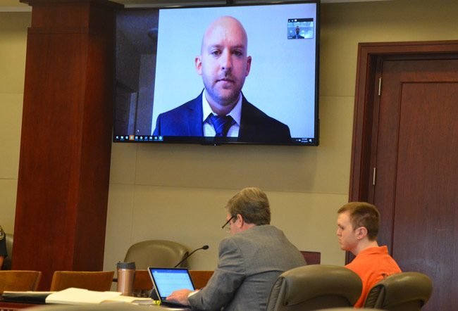 C.J. Whiteside, a former Florida Department of Law Enforcement agent who was the lead agent in the Paul Dykes case, and whose colleagues interviewed Paul Dykes at the Flagler County jail in what turned out to be an illegally conducted interview. Whiteside testified in court this morning by video conference, during a motion to suppress the evidence gathered as a result of that interview. The judge ruled against the motion. Dykes goes on trial on charges of raping a child on Dec. 4. (© FlaglerLive)