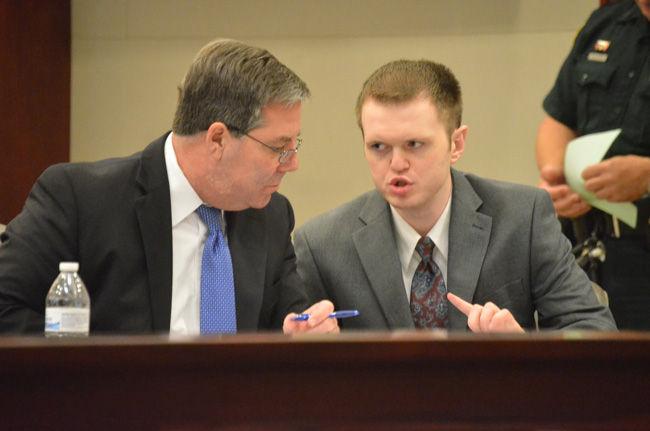 Paul Dykes, right, consulting with his attorney, William Bookhammer, during jury selection today in Flagler County Circuit Court. (c FlaglerLive)