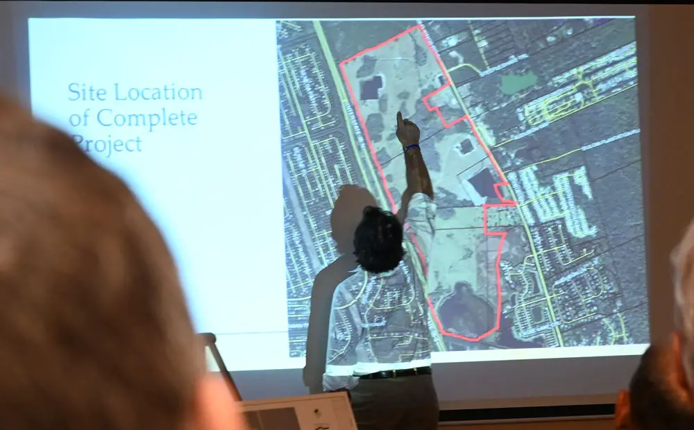 Michael Chiumento III, the attorney representing the Eagle Lakes developer, at a December neighborhood meeting on the proposal, when opposition was apparent. The focus and tone of the opposition has not changed since. (© FlaglerLive)