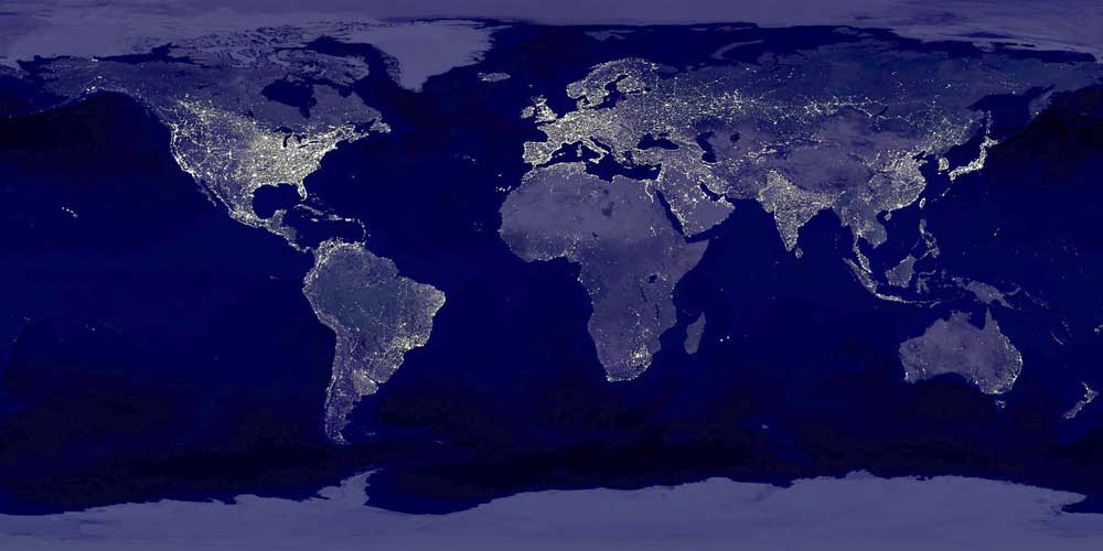 Image of Earth’s city lights, created with data from the Defense Meteorological Satellite Program. 