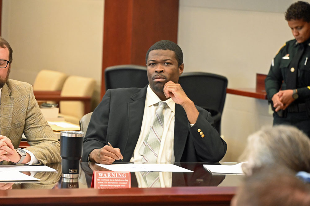 Ed Sampson, better known as Ed Boy in Bunnell, during jury selection for his trial today at the Flagler County courthouse. (© FlaglerLive)