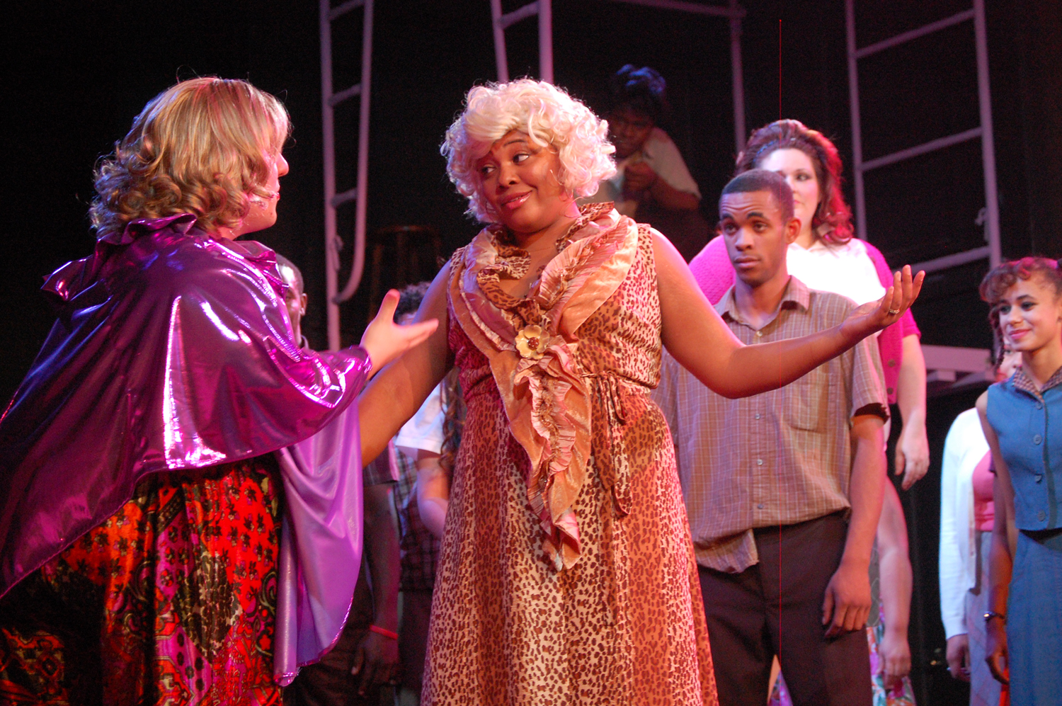 Not even Edna (Josh Fagundes) can convince Motormouth (Laniece Wilson) to extend 'Hairspray' yet again, though it's been the Flagler Playhouse's most acclaimed show. Wardrobes aside, Fagundes and Wilson are an item off-stage. (© FlaglerLive)