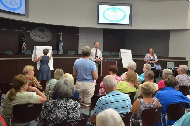 The meetting to hear seniors' concerns and ideas drew some 90 people at Palm Coast City Hall this morning. (c FlaglerLive)