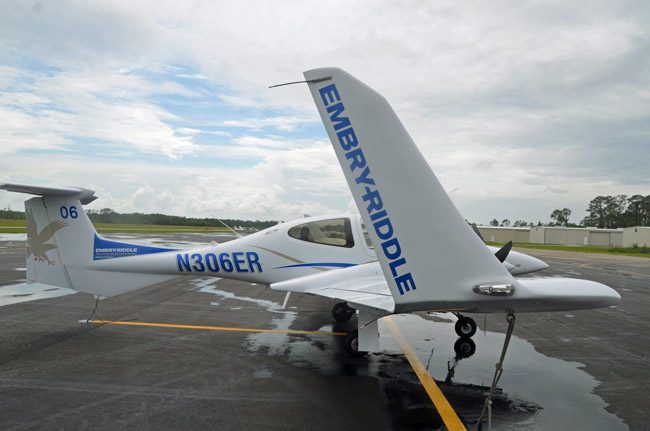 The Diamond twin-engine Embry-Riddle training plane that lost its door last week, at the Flagler County Executive Airport today. (© FlaglerLive)