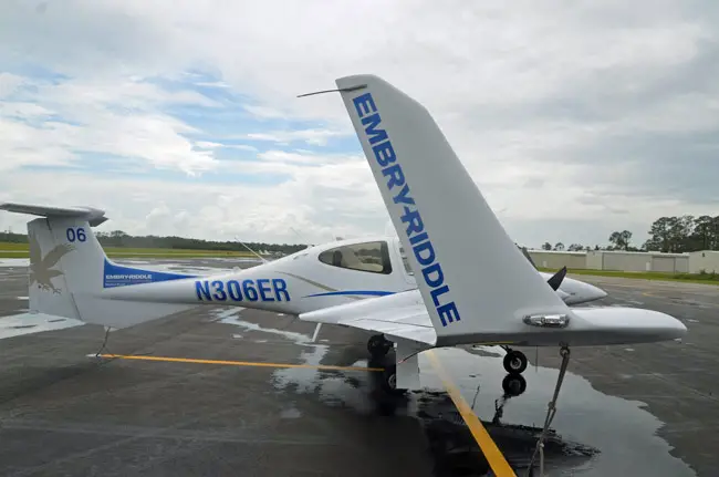 The Diamond twin-engine Embry-Riddle training plane that lost its door last week, at the Flagler County Executive Airport today. (© FlaglerLive)