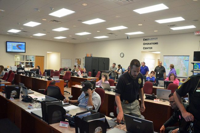 The Emergency Operations Center the night before Hurricane Matthew skirted the coast of Flagler, before its wobble away from what, on Oct. 6, was still projected to be a direct hit. (© FlaglerLive)