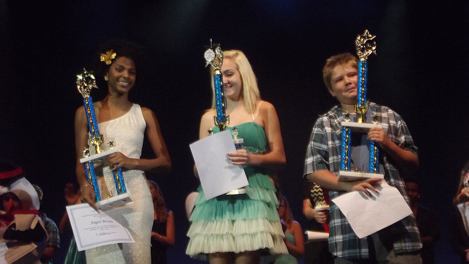 Your 2014 Flagler County Entertainers of the Year. From left, enior Division: Angel Brown (MHS), Middle School Division: Kayla Byrne (ITMS), and Elementary Division: Skyler Wahl (Home Schooled). Click on the image for larger view. (Cheryl Massaro)