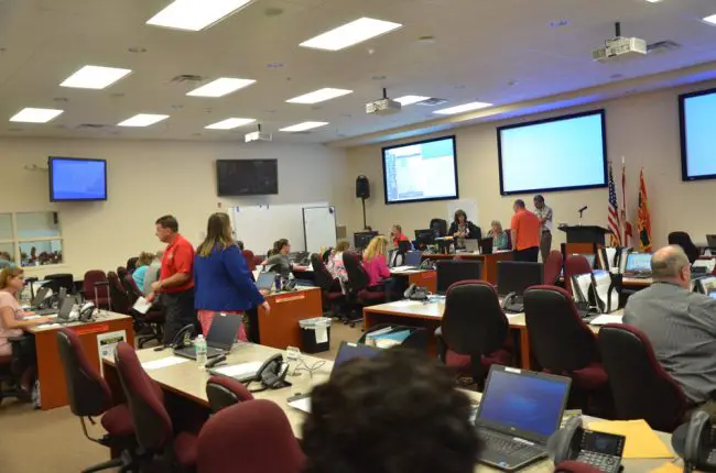 Flagler's Emergency Operations Center was already buzzing Friday. Click on the image for larger view. (© FlaglerLive)