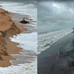 The picture to the left was taken facing north, just north of the Flagler Beach pier, this morning, showing the erosion of an area that had not yet been renourished, though it was the site of an emergency dump of sands by the county last year. The picture to the right was taken facing south, at South 26th Street, which was renourished. (© Rick Belhumeur for FlaglerLive)