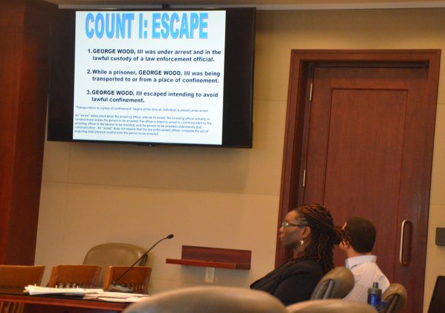 The prosecution flashed the counts against Wood in the form of a powerpoint for the jury during closing arguments. Click on the image for larger view. (© FlaglerLive)