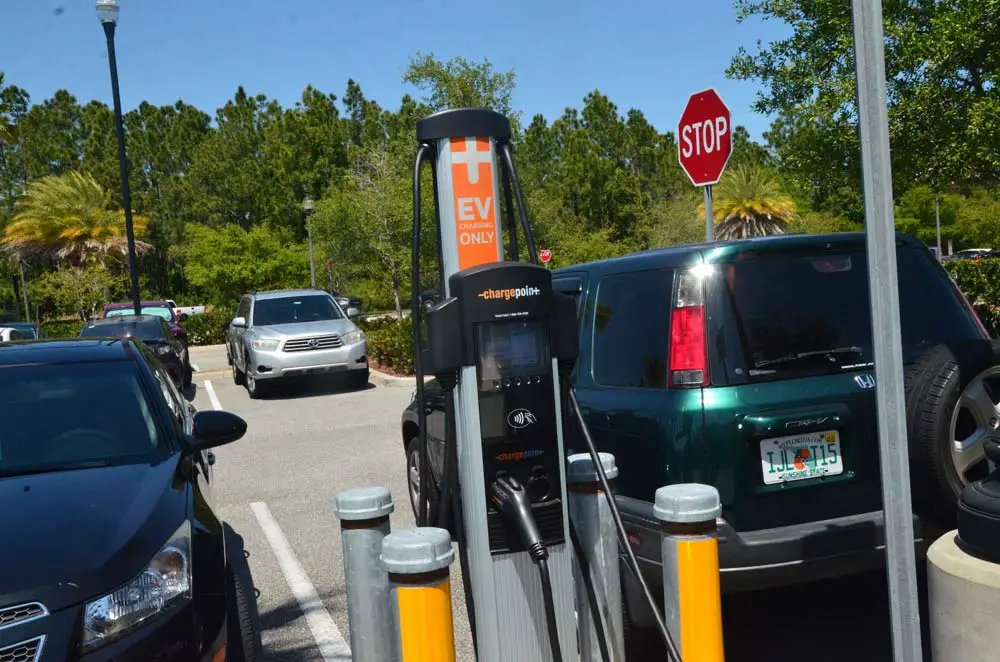 The free electric vehicle charging station at Palm Coast City Hall is seldom without a user. (© FlaglerLive)