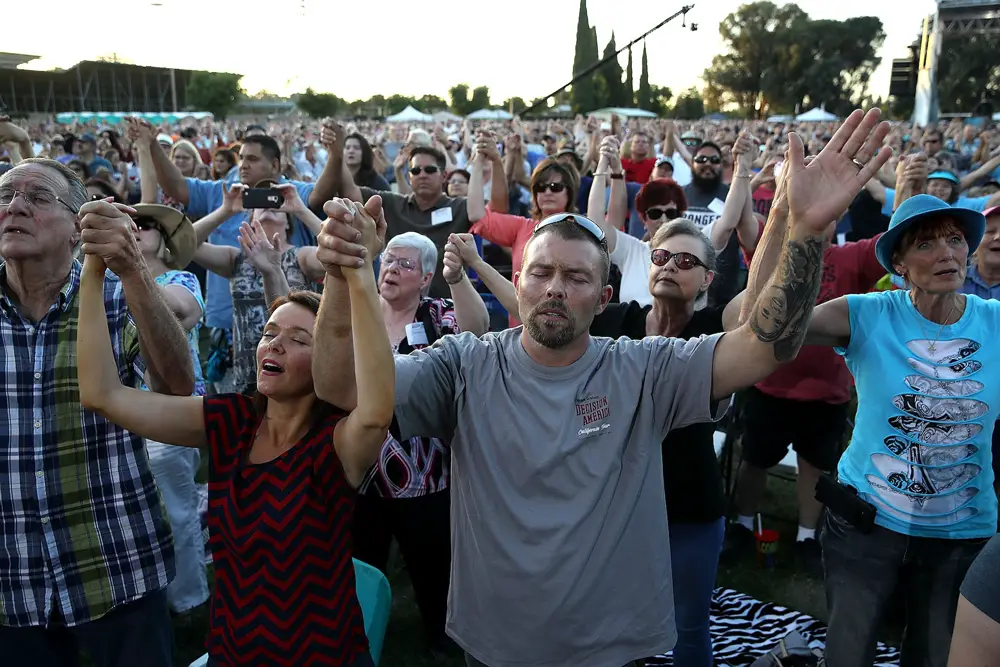 Attendees at evangelist Franklin Graham’s ‘Decision America’ tour in Turlock, Calif., in 2018. The tour was to encourage Christians to vote. 