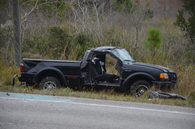 One of the occupants of the pick-up had to be extricated by paramedics. (© FlaglerLive)