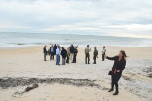 Just before Gov. Scott arrived, County Engineer Faith al-Khatib took a panoramic video of the scene, including the makeshift dunes rebuilt after they were breached and demolished at Washington Oaks Gardens State Park. Click on the image for larger view. (© FlaglerLive)