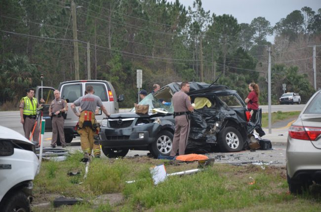 The sort of deadly crashes roundabouts are intended to prevent: last February, five people were killed in one car in a three-vehicle crash at U.S. 1 and Old Dixie. Click on the image for larger view. (© FlaglerLive)