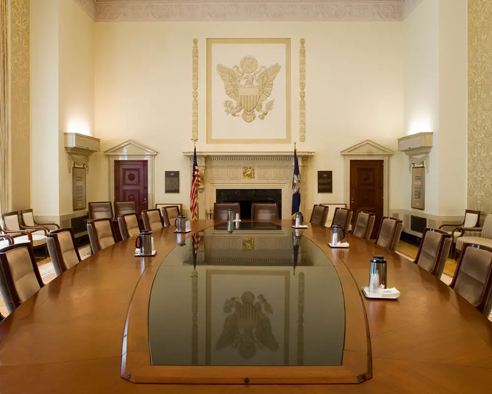 The Federal Reserve board room at the Marriner S. Eccles building. (Federal Reserve)
