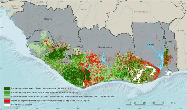 E.O. Wilson long advocated conserving the world’s biodiversity hot spots – zones with high numbers of native species where habitats are most endangered. This image shows deforestation from 1975 to 2013 in one such area, West Africa’s Upper Guinean Forest. USGS