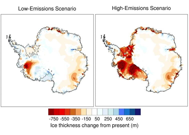 These maps of Antarctica show the projected change in ice thickness between the present and the year 2300, for a low-emissions scenario (left) and a high-emissions scenario (right), with red indicating ice loss and blue showing ice gain. Author provided