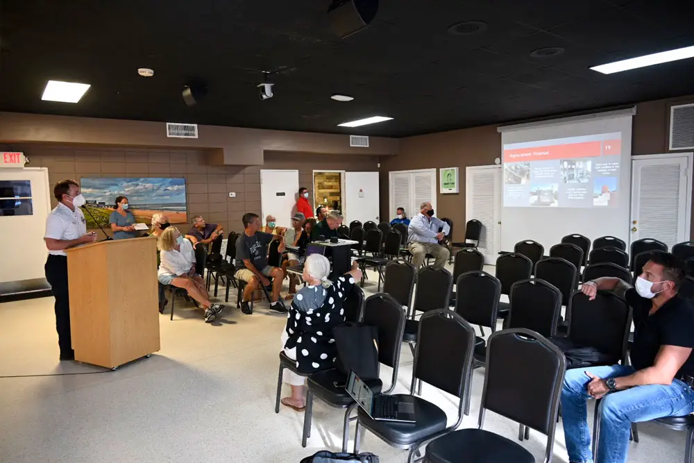 Flagler Beach Fire Captain Stephen Cox briefing the Flagler Beach City Commission and the public on the proposed purchase of a new fire truck at a special workshop Tuesday evening. (© FlaglerLive)