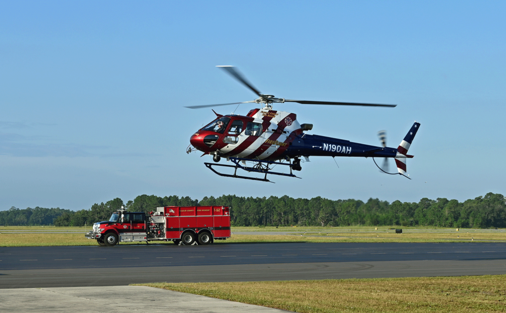 The new FireFlight arrives at the Flagler County airport Wednesday morning. (© FlaglerLive)