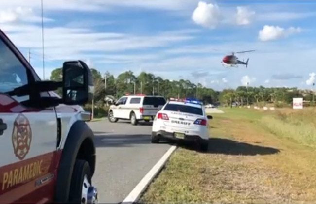 Fire Flight, Flagler County's emergency helicopter, coming in for a landing at 3 p.m. this afternoon just south of the Town Center Publix. (Flagler County Professional Firefighters)
