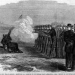 An illustration of a deserter being executed by a firing squad at the Federal Camp in Alexandria during the American civil war.