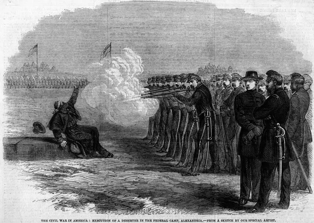 An illustration of a deserter being executed by a firing squad at the Federal Camp in Alexandria during the American civil war. 