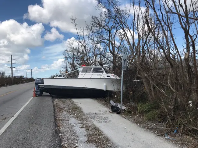 A Hurricane Irma parking job on U.S. 1 in a Big Pine Key marina. (Dan Chapman, USFWS)