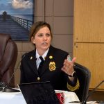 Acting Flagler Beach Fire Chief Jennifer Fiveash testifying in former Fire Chief Stephen Cox's name-clearing hearing today, which was recessed until later this month. Fiveash's resignation in April was one of five that, whether related to Cox or not, led to his firing. (© FlaglerLive)
