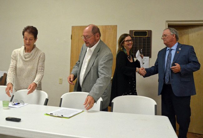 The Flagler Beach Commission candidates Tuesday evening with, from left, incumbent Jane Mealy, Paul Eik, Deborah Phillips and incumbent Rick Belhumeur. (© FlaglerLive)